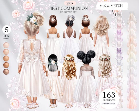 First Communion Girls Clipart: White Dresses PNG (Digital Download)