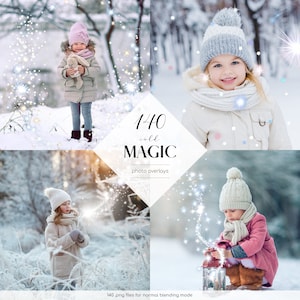 Puede incluir: Un conjunto de 140 superposiciones de fotos mágicas de invierno. Las superposiciones presentan luces brillantes y copos de nieve de varios tamaños y formas. Las superposiciones son perfectas para agregar un toque de magia a tus fotos de invierno.
