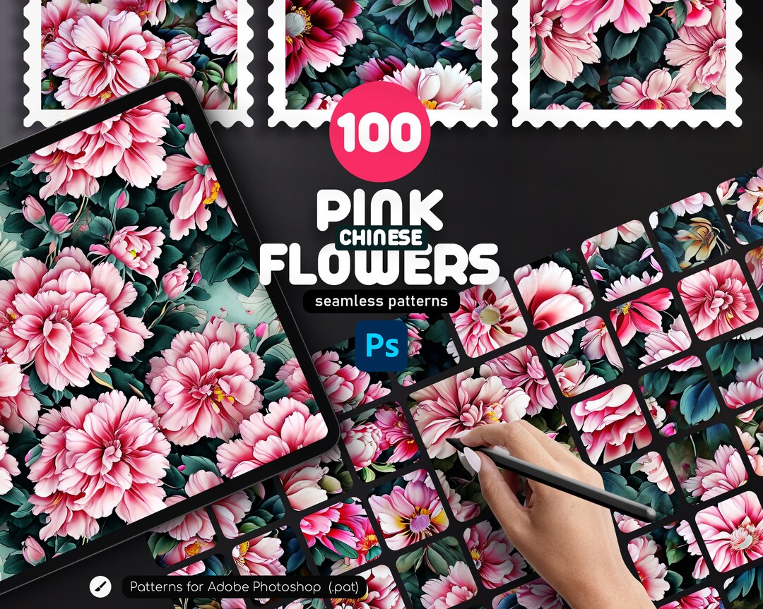 100 Pink Chinese Peonies Photoshop Patterns .PAT, Chinese Patterns for ...