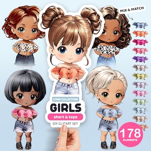 Chibi Summer Girls Clipart, Little Girl Creator, Personalized Portrait, Custom Doll Creator, Chibi Girls Clipart, Customizable Clipart,