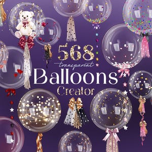 Peut inclure: 568 Créateur de Ballons Transparents - Une collection de ballons transparents colorés avec des confettis et des lumières à l'intérieur. Les ballons sont disposés en cercle sur un fond violet.