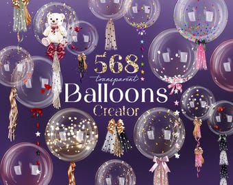 Pacchetto di clipart di palloncini trasparenti: coriandoli, nappe, fiocchi (download digitale)