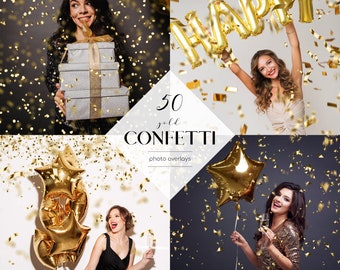 Gold Confetti Overlays, 50 PNG Files, Confetti Photoshop Overlays, Festive Effects, Free Commercial Use