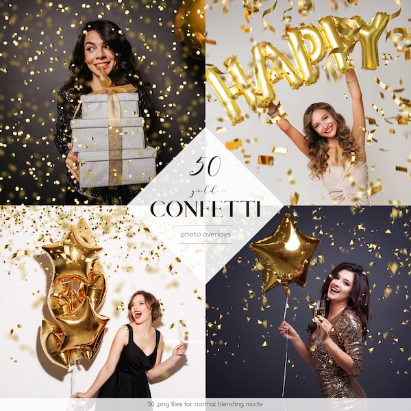 Gold Confetti Overlays, 50 PNG Files, Confetti Photoshop Overlays, Festive Effects, Free Commercial Use