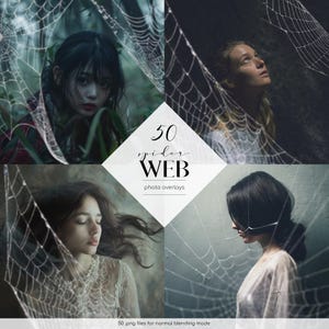 Könnte beinhalten: Ein Set mit 50 digitalen Spinnennetz-Overlays für die Fotobearbeitung. Die Overlays sind in Schwarzweiß und zeigen verschiedene Größen und Formen von Spinnennetzen. Der Text "50 spider WEB photo overlays" wird in der Mitte des Bildes angezeigt.