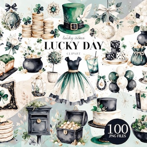 May include: A collection of watercolour clipart with St. Patrick's Day themes. The image includes a green top hat, a dress, coins, shamrocks, dice, balloons, a cake, and other lucky items. The text "Lucky Day Clipart" is also visible.
