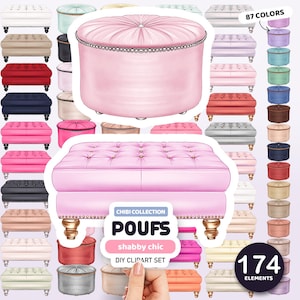 May include: Digital illustration of poufs in multiple colours. The image includes a pink, button-tufted ottoman and a round pink pouf with a beaded trim. Text reads "POUFS shabby chic DIY clipart set" with 174 elements and 87 colours.