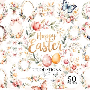May include: A collection of watercolour Easter-themed clipart elements. The image features wreaths, floral arrangements, butterflies, and Easter eggs. Text includes "Happy Easter", "Easter", and "Sunday Victory". The colour palette includes pastel pinks, yellows, and greens.