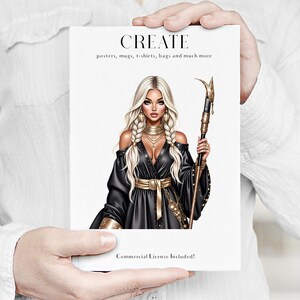 May include: A white card held by a person features the word "CREATE" at the top, with text below stating "posters, mugs, t-shirts, bags and much more." An illustration of a woman in a black dress with gold accents and a staff is visible.