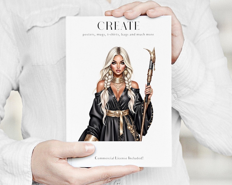 May include: A white card held by a person features the word "CREATE" at the top, with text below stating "posters, mugs, t-shirts, bags and much more." An illustration of a woman in a black dress with gold accents and a staff is visible.