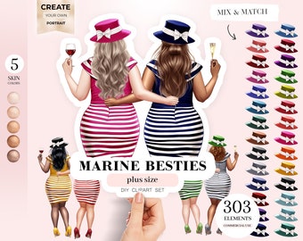 Marine Besties Clipart, Mode Besties Clip Art, Kurvig BFF, Flickporträttskapare, Bästa Vänner PNG, Personligt Porträtt, Anpassad Konst