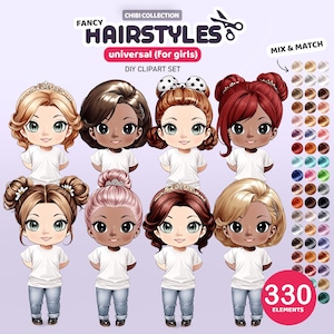 May include: A digital clipart set of 6 different hairstyles for girls, with 330 elements to mix and match. The set includes a variety of hair colours, styles, and accessories.