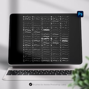 Op de afbeelding: Een laptopscherm dat een verscheidenheid aan zwarte en witte penseelstreken en patronen weergeeft. De tekst "Brushes for Adobe Photoshop (abr)" wordt onder de laptop weergegeven.
