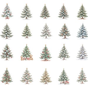 Puede incluir: Ilustraciones en acuarela de &aacute;rboles de Navidad en varios estilos. Algunos &aacute;rboles est&aacute;n decorados con adornos, luces y una estrella en la cima. Otros est&aacute;n desnudos o ligeramente cubiertos de nieve, ofreciendo opciones festivas.