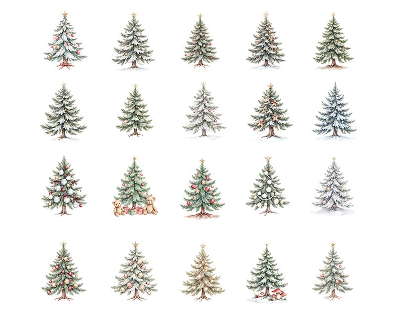 Puede incluir: Ilustraciones en acuarela de &aacute;rboles de Navidad en varios estilos. Algunos &aacute;rboles est&aacute;n decorados con adornos, luces y una estrella en la cima. Otros est&aacute;n desnudos o ligeramente cubiertos de nieve, ofreciendo opciones festivas.