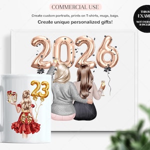 Pu&ograve; includere: Due donne e una bambina stanno festeggiando con palloncini dorati che compongono la scritta "2026" e "23". Le donne indossano abiti grigi e neri, e la bambina indossa un vestito rosso. Le donne tengono in mano bicchieri di champagne.