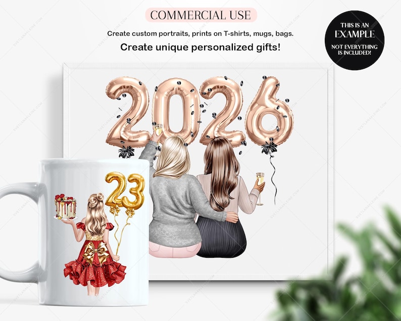 Pu&ograve; includere: Due donne e una bambina stanno festeggiando con palloncini dorati che compongono la scritta "2026" e "23". Le donne indossano abiti grigi e neri, e la bambina indossa un vestito rosso. Le donne tengono in mano bicchieri di champagne.