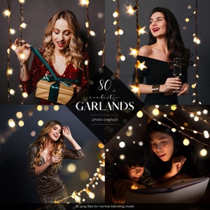 May include: A set of 80 realistic photo overlays of string lights, perfect for adding a festive touch to your photos. The overlays are in PNG format and are designed for normal blending mode.