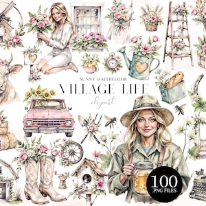 May include: Watercolor illustrations featuring a village theme. The image includes a pink truck, a cow, a woman, flowers, a windmill, a birdhouse, and the text "VILLAGE LIFE". There are 100 .PNG files.