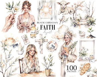 May include: Watercolor clipart set with a rustic Christian theme. The image includes illustrations of women, a lamb, a cross, olive oil, and the text "RUSTIC CHRISTIAN FAITH clipart". The set contains 100 .PNG files.