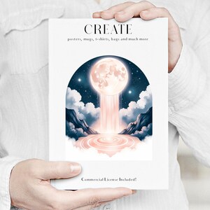 Pode incluir: Um cart&atilde;o branco segurado por uma pessoa apresenta a palavra "CREATE" no topo, com "posters, mugs, t-shirts, bags and much more" abaixo. O cart&atilde;o exibe uma ilustra&ccedil;&atilde;o digital de uma lua cheia, uma cachoeira e um c&eacute;u estrelado.