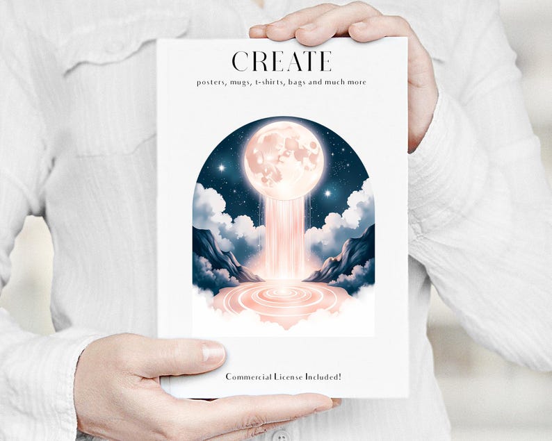 Pode incluir: Um cart&atilde;o branco segurado por uma pessoa apresenta a palavra "CREATE" no topo, com "posters, mugs, t-shirts, bags and much more" abaixo. O cart&atilde;o exibe uma ilustra&ccedil;&atilde;o digital de uma lua cheia, uma cachoeira e um c&eacute;u estrelado.