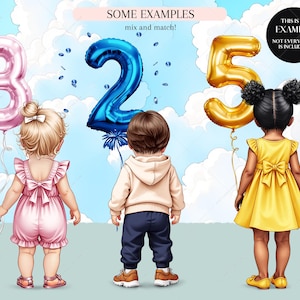 Pu&ograve; includere: Tre bambini stanno in piedi davanti a un cielo blu con le nuvole. I bambini tengono in mano grandi palloncini numerati colorati. I palloncini sono rosa, blu e dorati. Il testo "SOME EXAMPLES" e "mix and match!" &egrave; sopra i palloncini. Il testo "THIS IS AN EXAMPLE" e "NOT EVERYTHING IS INCLUDED!" &egrave; nell'angolo in alto a destra dell'immagine.