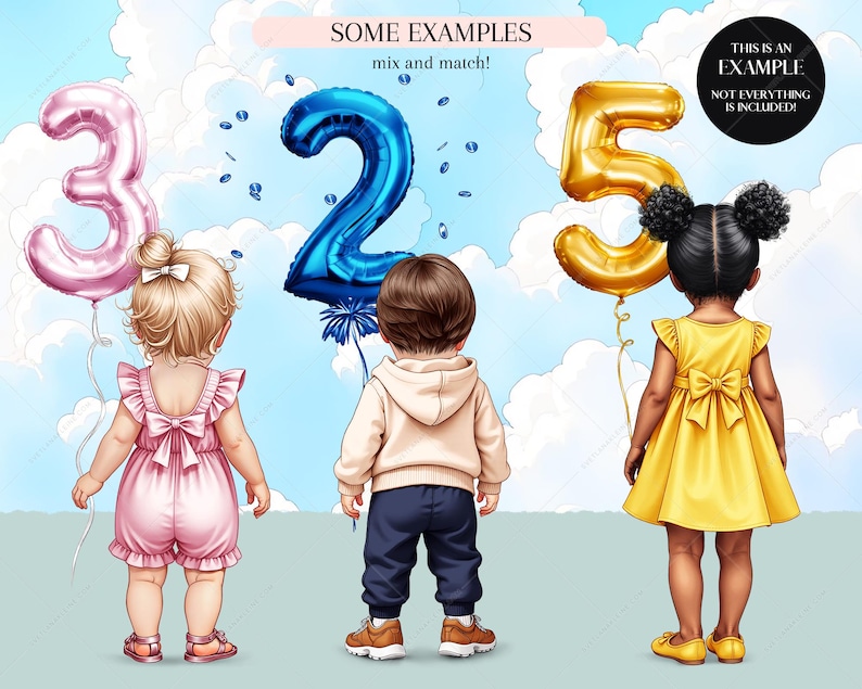 Pu&ograve; includere: Tre bambini stanno in piedi davanti a un cielo blu con le nuvole. I bambini tengono in mano grandi palloncini numerati colorati. I palloncini sono rosa, blu e dorati. Il testo "SOME EXAMPLES" e "mix and match!" &egrave; sopra i palloncini. Il testo "THIS IS AN EXAMPLE" e "NOT EVERYTHING IS INCLUDED!" &egrave; nell'angolo in alto a destra dell'immagine.