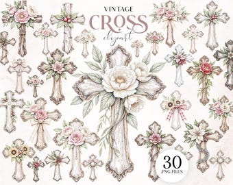 Vintage Cross Clipart, 30 PNG elegante florale Kreuz Illustrationen