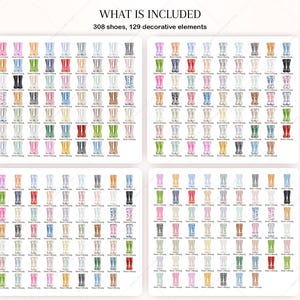 May include: A collection of 308 watercolor illustrations of rain boots in various colors and patterns. The boots are arranged in a grid pattern on a white background. The text "WHAT IS INCLUDED" and "308 shoes, 129 decorative elements" is at the top of the image.