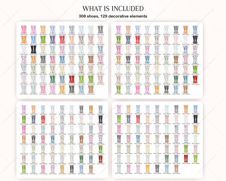 May include: A collection of 308 watercolor illustrations of rain boots in various colors and patterns. The boots are arranged in a grid pattern on a white background. The text "WHAT IS INCLUDED" and "308 shoes, 129 decorative elements" is at the top of the image.