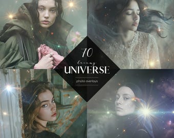 70 Dreamy Universe Photo Overlays: Holographic Light Effects (Digital Download)