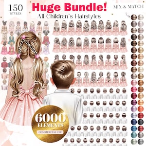 Op de afbeelding: Een digitale illustratie van 150 kinderkapsels in verschillende stijlen, met 40 verschillende haarkleuren. De afbeelding bevat de tekst "Huge Bundle! All Children's Hairstyles" en "6000 Elements Commercial Use".