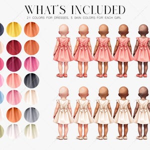 May include: Digital illustration featuring a selection of 21 dress colors and 5 skin tones. The image showcases several figures in pink and cream dresses with bow details. The text "WHAT'S INCLUDED" is at the top of the image.