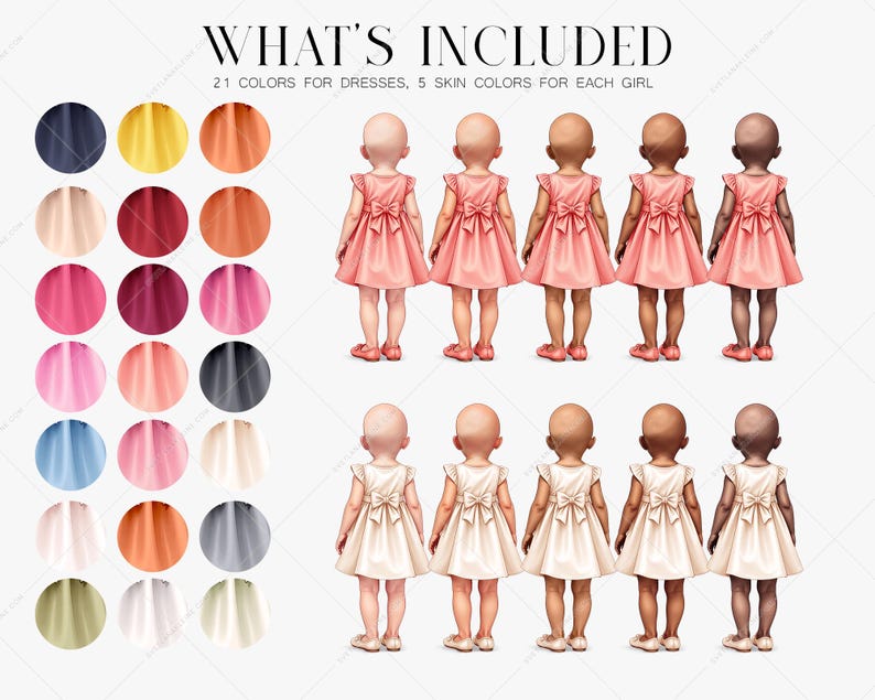 May include: Digital illustration featuring a selection of 21 dress colors and 5 skin tones. The image showcases several figures in pink and cream dresses with bow details. The text "WHAT'S INCLUDED" is at the top of the image.