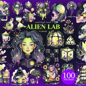 May include: A digital art collection titled "acid high-tech ALIEN LAB CLIPART" featuring various illustrations. The images include a green-skinned woman, skulls, lab equipment, and a rocket ship, all set against a dark purple background.