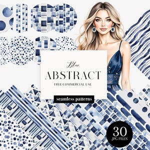 May include: A digital collection of 30 seamless patterns featuring blue abstract designs, including polka dots, stripes, and geometric shapes. The set includes a central graphic with the text Blue ABSTRACT FREE COMMERCIAL USE.