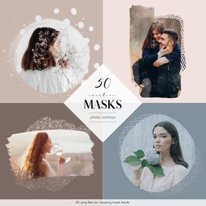 May include: A digital image showcasing four photo overlays with images of people and nature. The central text reads "50 creative MASKS photo overlays". The bottom text reads "50 png files for clipping mask mode".