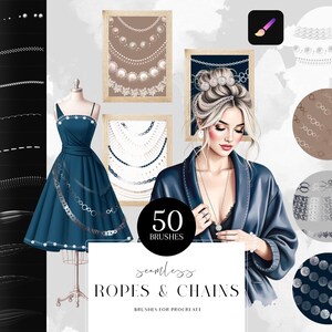 May include: Digital art illustration featuring a woman with blonde hair, a blue dress, and a blue robe. The image showcases a collection of digital brushes for Procreate, including ropes and chains, with the text "50 Brushes" and "Seamless Ropes & Chains."