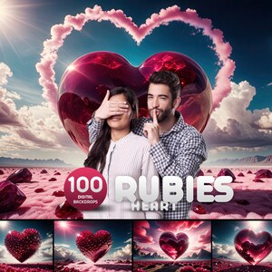 Puede incluir: Conjunto de fondos digitales con un gran corazón de rubí sobre un cielo nublado. La imagen incluye el texto "100 Digital Backdrops" y "Rubies Heart". Una pareja aparece en la imagen, con el hombre haciendo un gesto de silencio.
