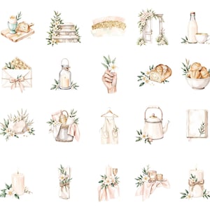 May include: Watercolor illustrations of various objects, including food, flowers, and household items. The image features a breakfast scene with bread, eggs, and milk, along with decorative elements like candles and an apron.