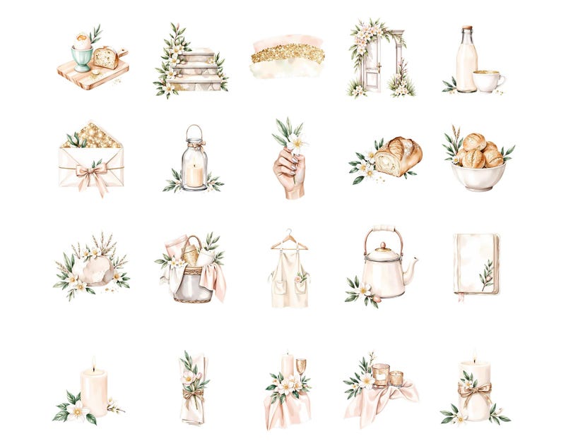 May include: Watercolor illustrations of various objects, including food, flowers, and household items. The image features a breakfast scene with bread, eggs, and milk, along with decorative elements like candles and an apron.