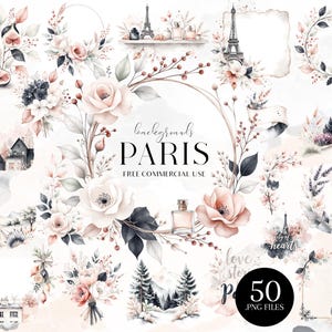 May include: A collection of watercolor illustrations with a Parisian theme. The images include floral wreaths, the Eiffel Tower, perfume bottles, and small houses. The text "PARIS" and "FREE COMMERCIAL USE" are visible. The collection includes 50 .PNG files.