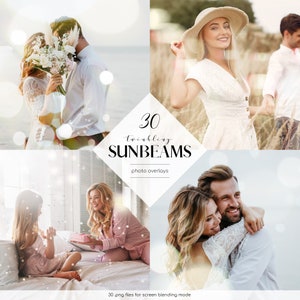 May include: A collage featuring four lifestyle photos with a soft, dreamy aesthetic. The images include a couple embracing, a woman in a white dress and hat, a mother and child, and a couple hugging. Text overlay reads "30 Twinkling Sunbeams, photo overlays."