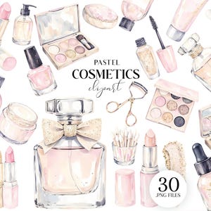 Puede incluir: Ilustración en acuarela de cosméticos pastel, incluyendo perfume, lápiz labial, paletas de sombras de ojos, esmalte de uñas y productos para el cuidado de la piel. Se muestra el texto "PASTEL COSMETICS clipart". La imagen incluye 30 archivos .PNG.