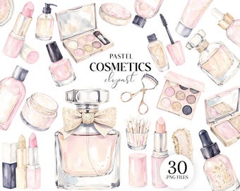 Watercolor Cosmetics Clipart Set, Makeup PNG, Beauty Products Illustrations