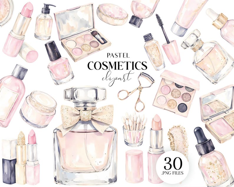 May include: Watercolor illustration of pastel cosmetics, including perfume, lipstick, eyeshadow palettes, nail polish, and skincare products. The text "PASTEL COSMETICS clipart" is displayed. The image includes 30 .PNG files.