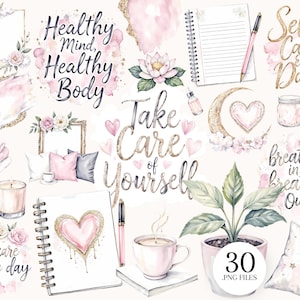 Könnte beinhalten: Digitale Kunstsammlung mit Aquarellillustrationen zum Thema Selbstfürsorge. Das Bild enthält Texte wie "Healthy Mind, Healthy Body" und "Take Care of Yourself". Elemente: Notizbuch, Stifte, Pflanze und florale Akzente.