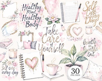 May include: A digital art collection featuring watercolor illustrations with a self-care theme. The image includes text like "Healthy Mind, Healthy Body" and "Take Care of Yourself." Elements include a notebook, pens, a plant, and floral accents.