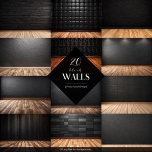 Op de afbeelding: Een collage van 20 verschillende zwarte muur achtergronden met houten vloeren. De achtergronden omvatten texturen zoals leer, baksteen en hout. De tekst "20 black walls photo backdrops" staat in het midden van de afbeelding.
